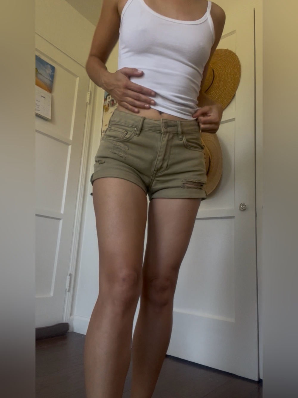 Bullhead Light Olive High-Rise Distressed Jean Shorts